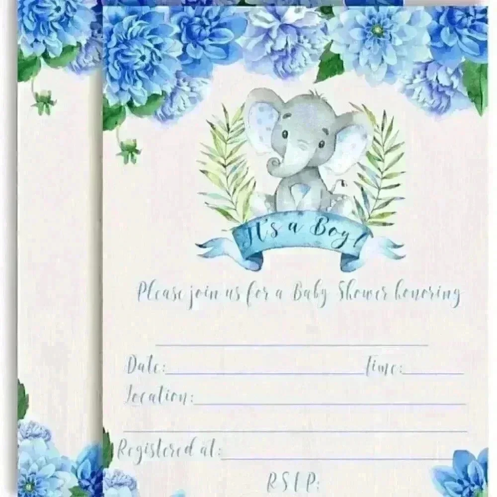 Watercolor Dahlia Floral Elephant-Themed Baby Boy Sprinkle Shower Invita…
